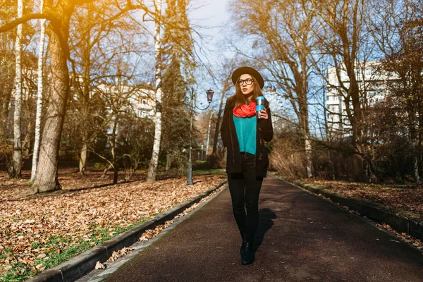 Menina andando no ensolarado parque de outono — Fotografia de Stock