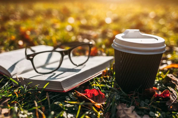 Fincan kahve ve sonbahar çimleri kitap