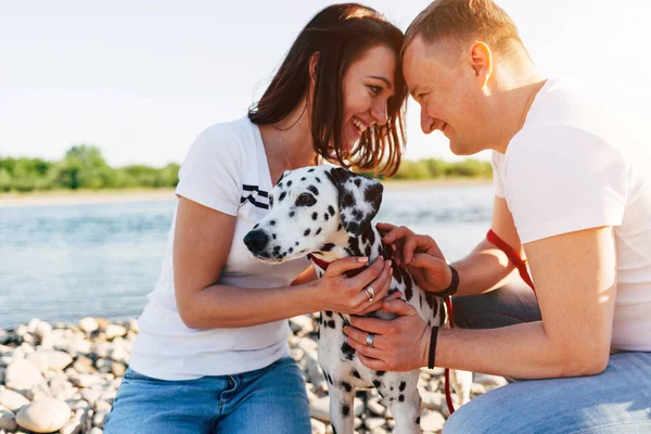 Jovem casal feliz com cão em viagem de carro — Fotografia de Stock