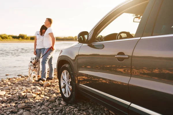 Çift ve köpeğin yanına Araba gezisi