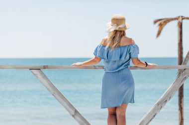 Mutlu bir genç güzel kadın hasır şapkalı ve deniz arka plan mavi elbiseli portre