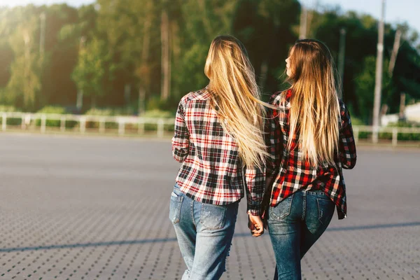 Duas Irmãs Gêmeas Bonitas Andando Parque Verão Visão Traseira Jovens — Fotografia de Stock