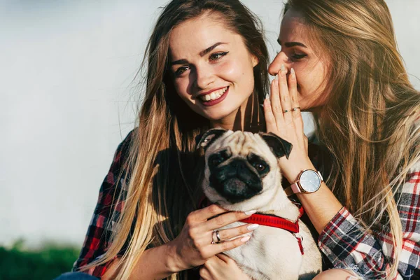 Сестри Близнюки Висять Разом Парку Милою Собакою Мопса — стокове фото