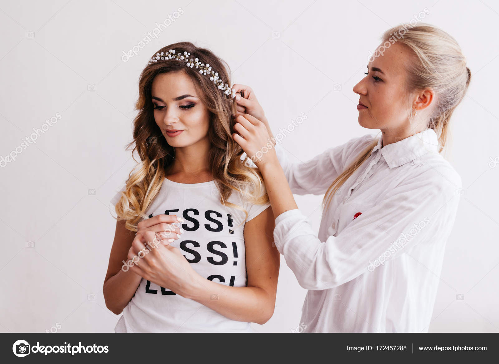 Female Hairdresser Making Hairstyle Brown Hair Woman Beauty Salon