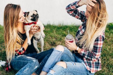 birlikte bir park ile şirin pug köpek dışarı asılı ikiz kardeşler