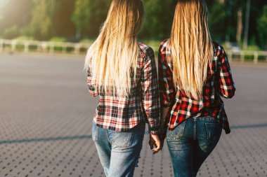 İki güzel kız ikiz yaz Park'ta yürüyordunuz. Genç sarışın bayanlar birlikte vakit arkadan görünüm 