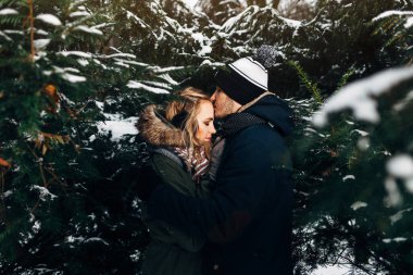 Kış parkta sarılma Çift