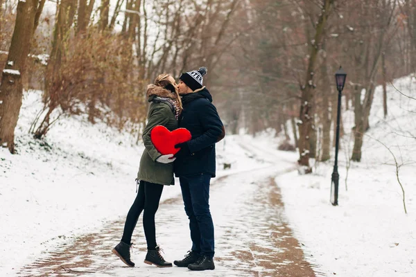 Para całuje w snowy park — Zdjęcie stockowe