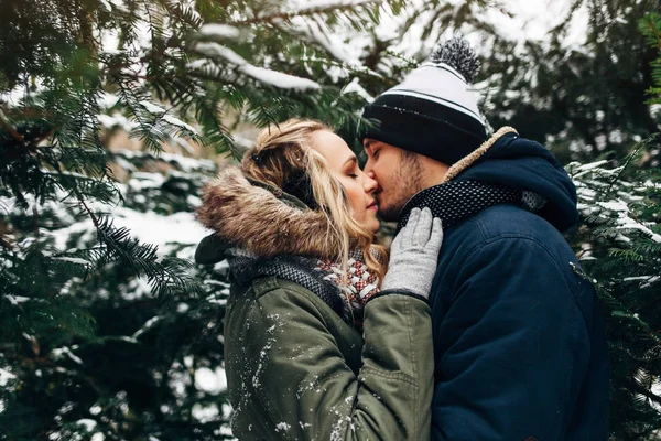 Пара цілується в зимовому парку — стокове фото