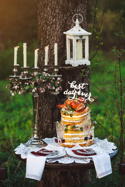 Served Table Candle Holder Beautiful Wedding Cake Placed Outdoors Lawn — Stock Photo, Image