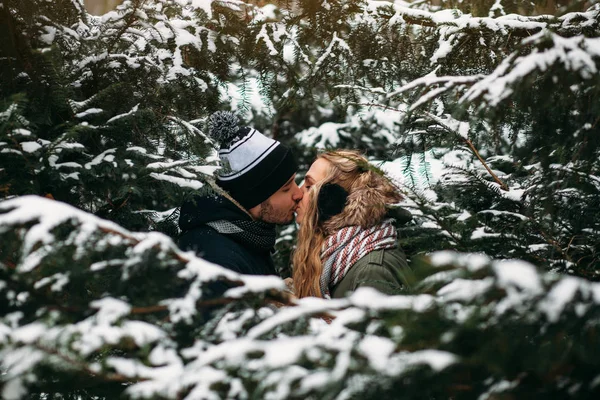 Para całuje w winter park — Zdjęcie stockowe