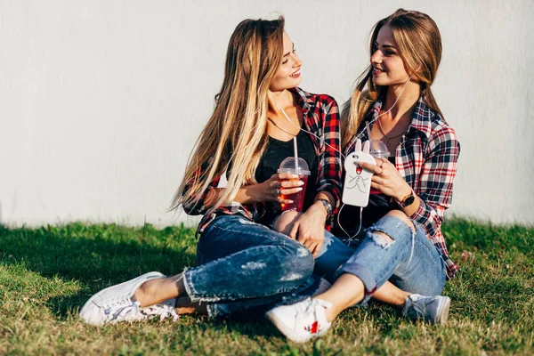 Girls sisters twins in summer park — Stock Photo, Image