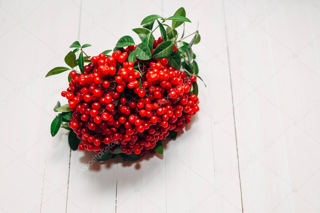 Beautiful bouquet of red viburnum with green leaves on white wooden background