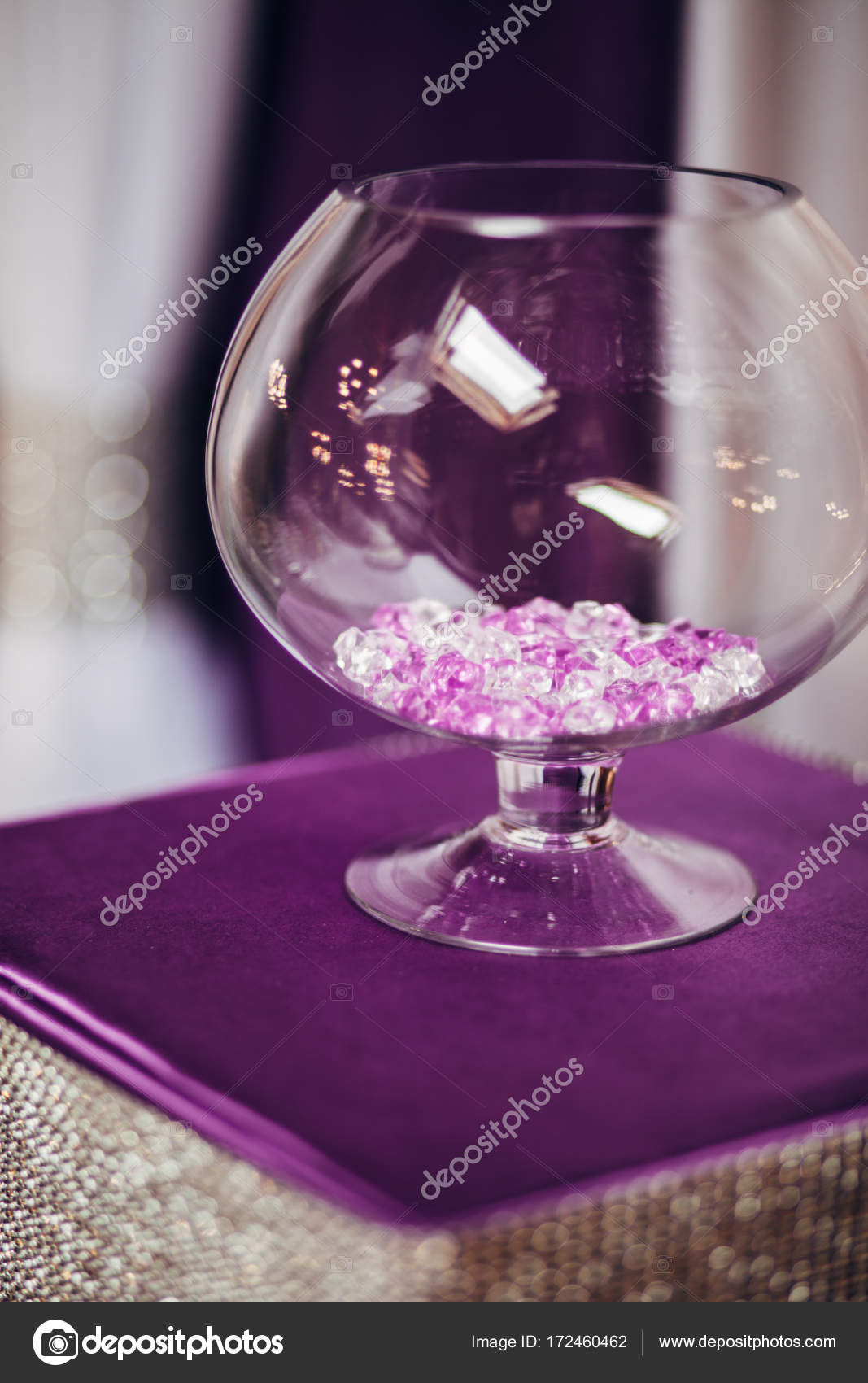 Clear Vase Decorative Stones Purple Base Wedding Concept Stock