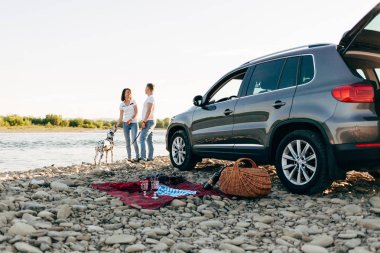 Mutlu genç yetişkin çift ile köpek roadtrip tarihinde portresi. Ekose üzerinde kadınla oturan adam. Açık piknik kavramı.