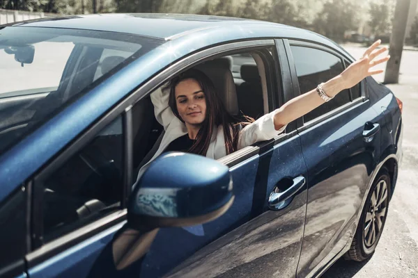 Fashion Stylish Driver Girl in White Suit Sitting in the Car — Stock Photo, Image