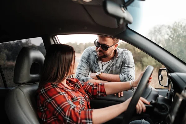 Happy Traveling Couple Together Enjoying Road Trip, Vacation Concept, Holidays Outside the City, Two Cheerful People