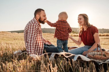 Mutlu Genç Aile Anne ve Baba Küçük Oğullarıyla Yaz Haftasonu Pikniği Sunny Day Sunset, Tatil Zamanı