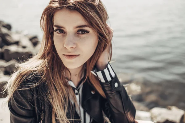 Outdoor Summer Portrait of Young Beautiful Girl in Black Leather Jacket — Stock Photo, Image