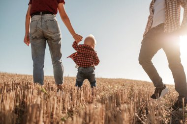 Mutlu Genç Aile Anne ve Baba Küçük Oğullarıyla Yaz Haftasonu Pikniği Sunny Day Sunset, Tatil Zamanı