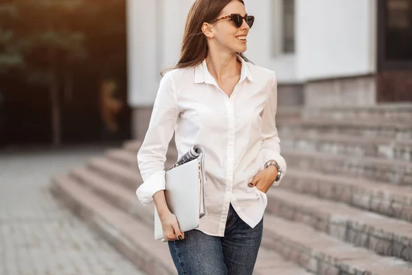 Portrait of One Fashionable Girl Dressed in Jeans and White Shirt Holding Laptop, Freelance Worker, Business Lady, Woman Power Concept — Stock Photo, Image