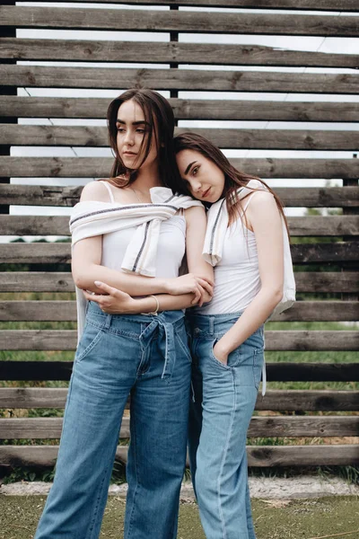 Πορτρέτο των δύο νέων αδελφών Brunette ντυμένοι Alike σε τζιν και λευκό μπλουζάκι, Best Friends Forever Concept — Φωτογραφία Αρχείου