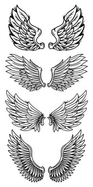 Meleklerin ve kuşların dövme tarzında izole edilmiş klasik retro kanat setleri. Tasarım ögesi.