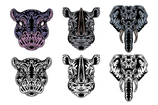 Animal face hippo, rhino, elephant vintage retro styled. Vector illustration isolated on white background. Design element. — Stock Vector