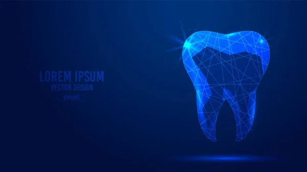 Diente humano, líneas geométricas de implantes dentales, plantilla de banner de vector de marco de alambre de bajo estilo poli. Medicina aislada ciencia tecnología concepto fondo azul poligonal . — Vector de stock