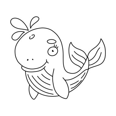 Tatlı çizgi film bebek mavi balinası. Hayvan izi. Beyaz arkaplanda izole edilmiş vektör illüstrasyonu.