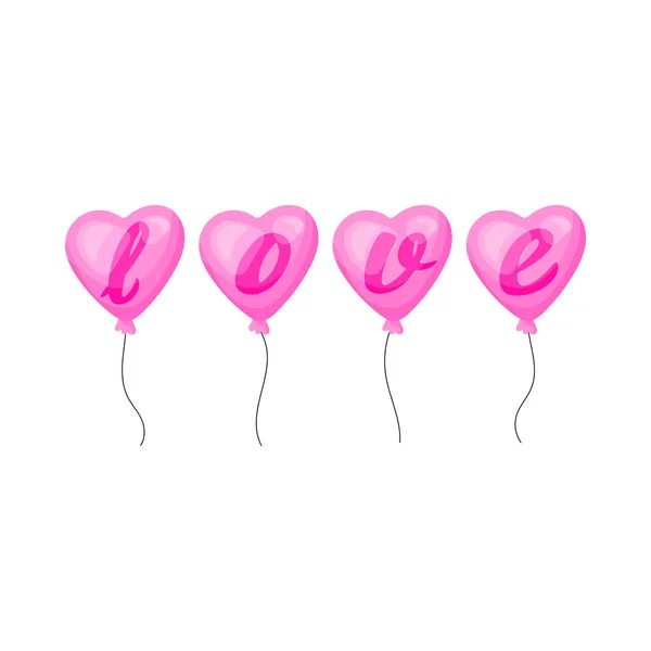 Luftballon-Valentinstag. Schriftzug Liebe. Cartoon-Symbole Vektor-Illustration auf weißem Hintergrund. Tolles Design für jeden Zweck. — Stockvektor
