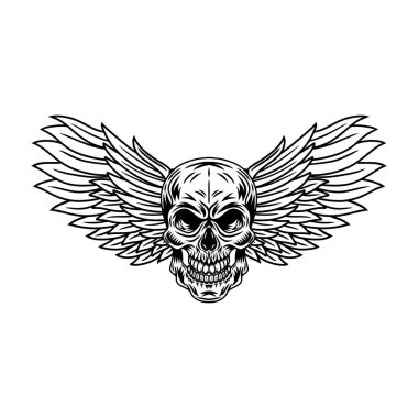 Beyaz arka planda eski kanatlı kafatasları izole edilmiş bir retro vektör çizimi. Her amaç için harika bir tasarım.