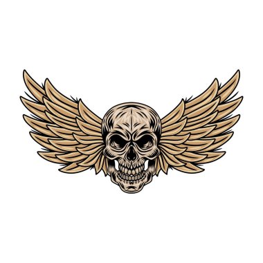 Beyaz arka planda eski çizgi film kanatlı kafatasları izole edilmiş retro vektör çizimi. Her amaç için harika bir tasarım.