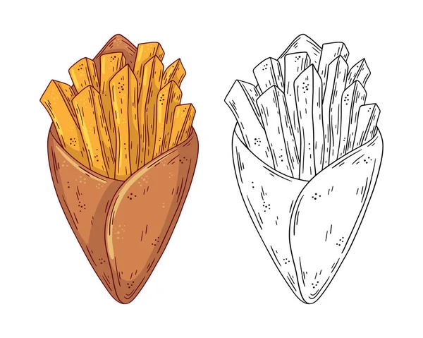 Garabato dibujado a mano comida rápida papas fritas. Ilustración vectorial aislada sobre fondo blanco . Gráficos Vectoriales