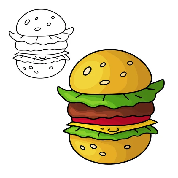 漫画のドールハンバーガー。デザイン要素。白い背景に独立したベクターイラスト. — ストックベクタ