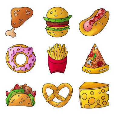 Çizgi film fast food seti. Tasarım elemanı. Beyaz arkaplanda izole edilmiş vektör illüstrasyonu.