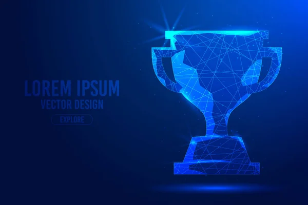 Winner trophy cup on a blue abstract background. Low poly wireframe digital banner. Linear and polygonal 3D concept.
