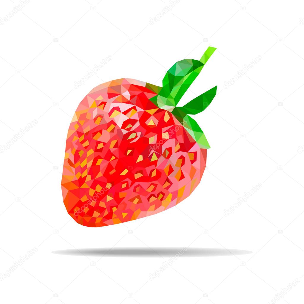 Geometric polygonal fruit. Triangle style. Vector illustration of strawberry on white background. Polygonal mosaic. Triangular low poly style. Template for poster, card, web.