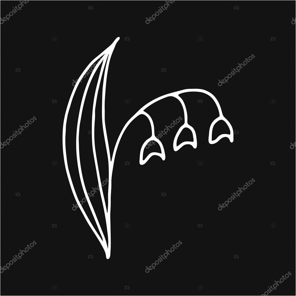 Doodle lily of the valley with leaf, flower icon, kids hand drawing line art, vector illustration