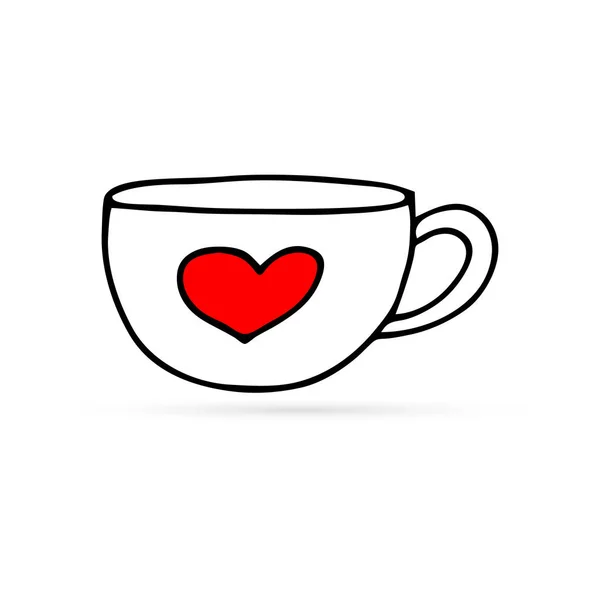 Café Tasse Thé Avec Icône Coeur Isolé Sur Blanc Doodle — Image vectorielle