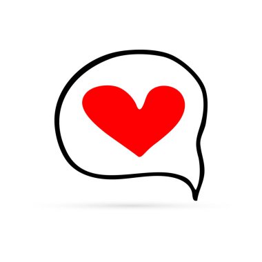 Kalpli Doodle sohbet ikonu. Çocuklar el halısı çiziyor. Web sitesi tasarımı, logosu, uygulaması ve Ui için çizim konuşma sembolü. Taslak vektör illüstrasyonu