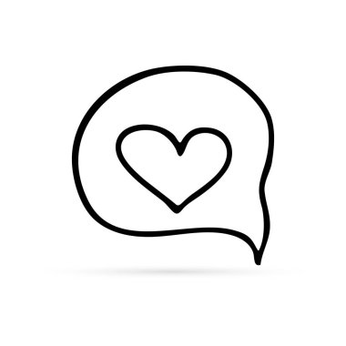 Kalp izole edilmiş Doodle sohbet simgesi. Çocuklar el halısı çiziyor. Web sitesi tasarımı için konuşma sembolü, logo, uygulama, Ui. Taslak vektör illüstrasyonu