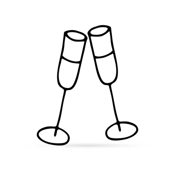 アイコンをつけろ スケッチ結婚式のトースト ワイングラス アルコール飲料のイラスト スパークリングワインやお祝いのためのシルエットシャンパン 象徴ロマンチックだ概要ベクトル — ストックベクタ