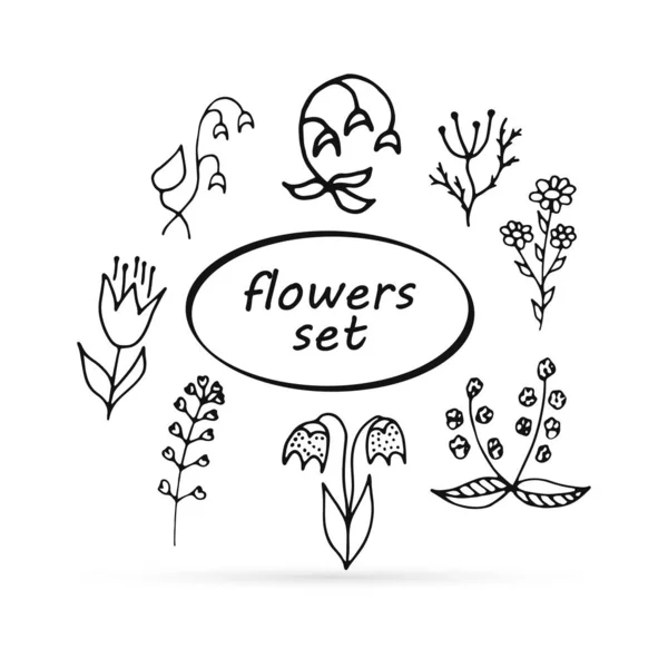 Doodle Flowers Set Icon Outline Kids Hand Drawing Line Art — Stok Vektör