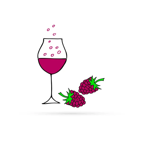 Doodle Copa Vino Champán Con Burbujas Con Icono Fresa Aislado — Vector de stock