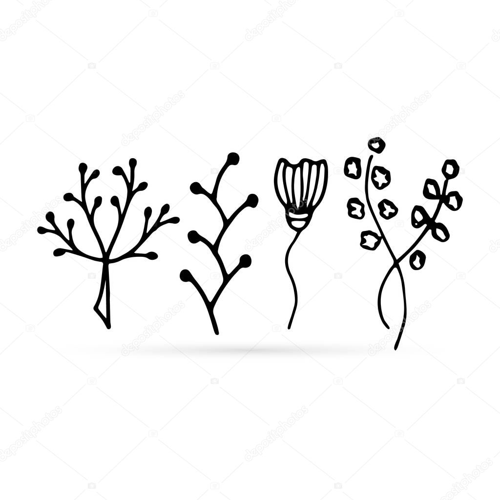 doodle flowers set icon isolated on white, outline kids hand drawing line art for eco design, sketch collection, flower vector stock illustration