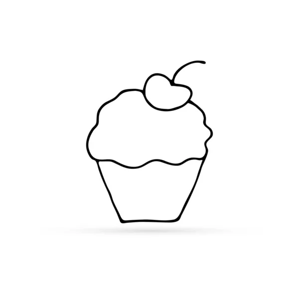 Doodle Cake Cherry Icon Isolated White Outline Hand Drawing Art — ストックベクタ