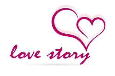 Beyaz üzerine izole edilmiş metin aşk hikayesi içeren kalp ikonu, Velentine Günü veya düğün için çizim, paket etiketi, vektör stoku illüstrasyonu