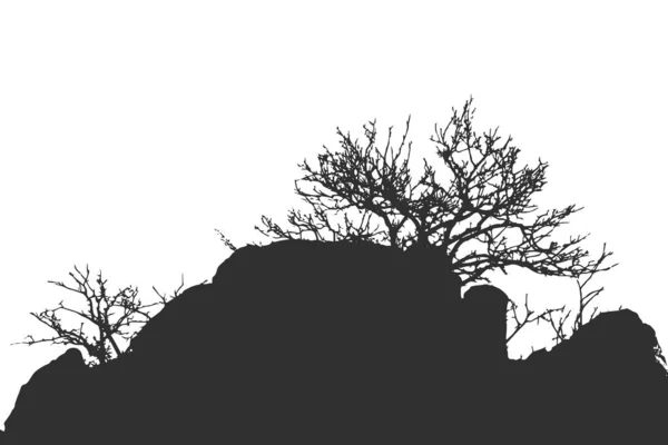 Silhouette Wood Rock Isolated White Dry Trees Doodle Style Vector — 스톡 벡터