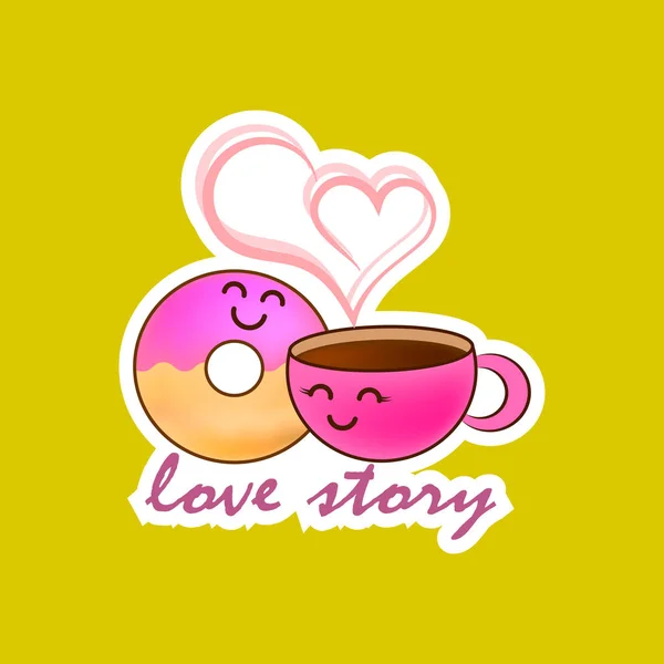 Love Story Donut Cup Coffee Sticker Doodle Food Icon Design — Stock Vector